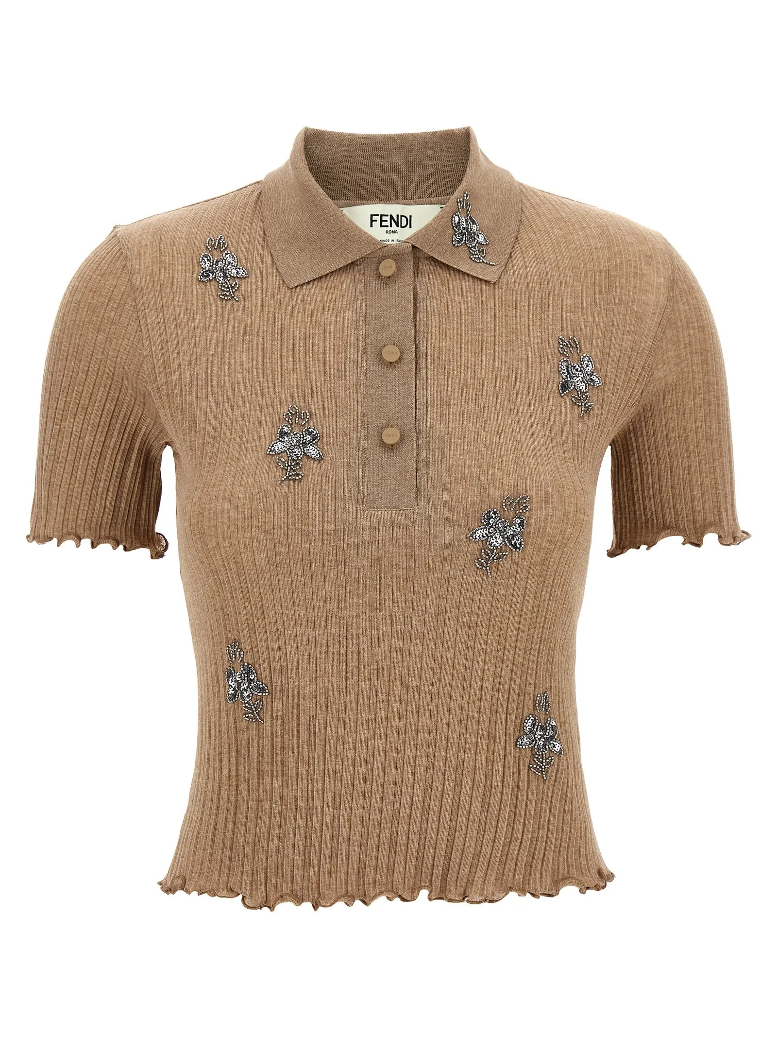 Floral Embroidery Shirt Polo Marrone