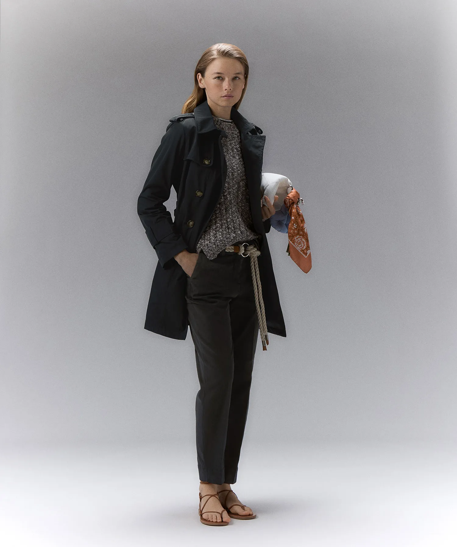 Trench doppiopetto in taffetà con cintura