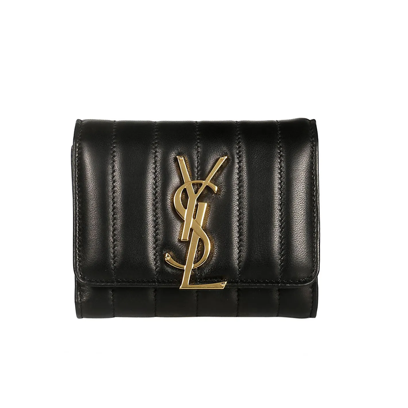 Portafoglio in pelle nera trapuntata tripla piega