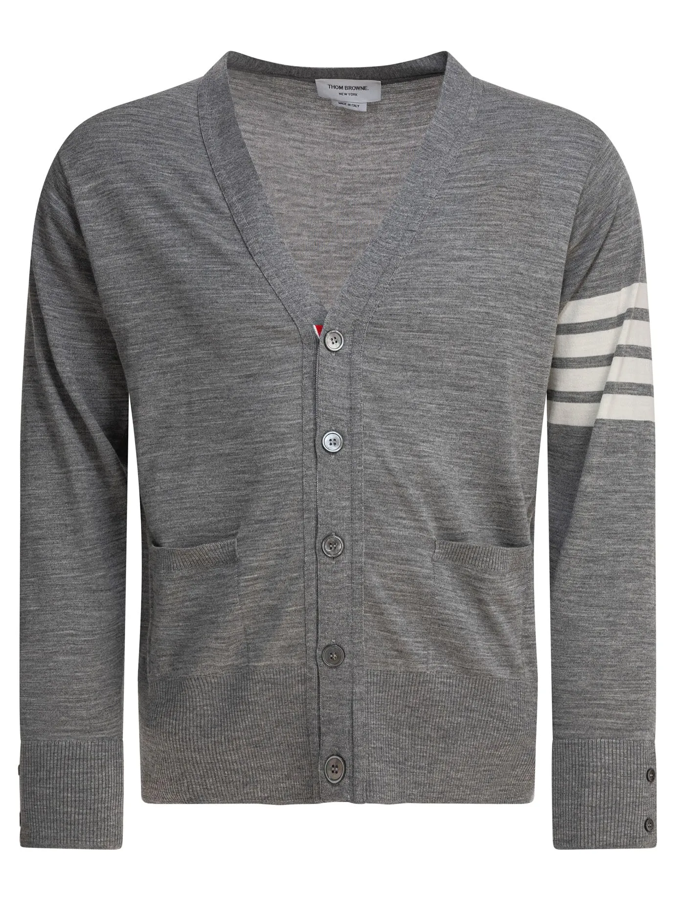 Classic V-Neck Cardigan In Fine Merino Wool W/ 4bar Stripes Knitwear Grey