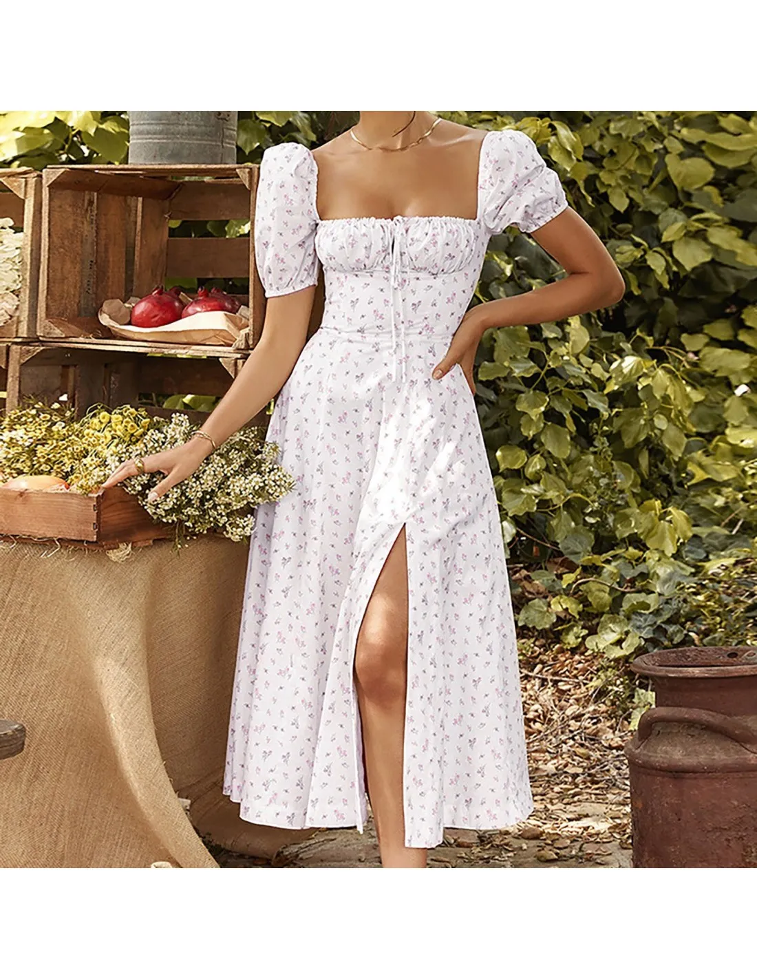 Una linea abito floreale donna 2022 primavera estate nuova vita alta scollo quadrato abito da tè stile francese fessura della vi