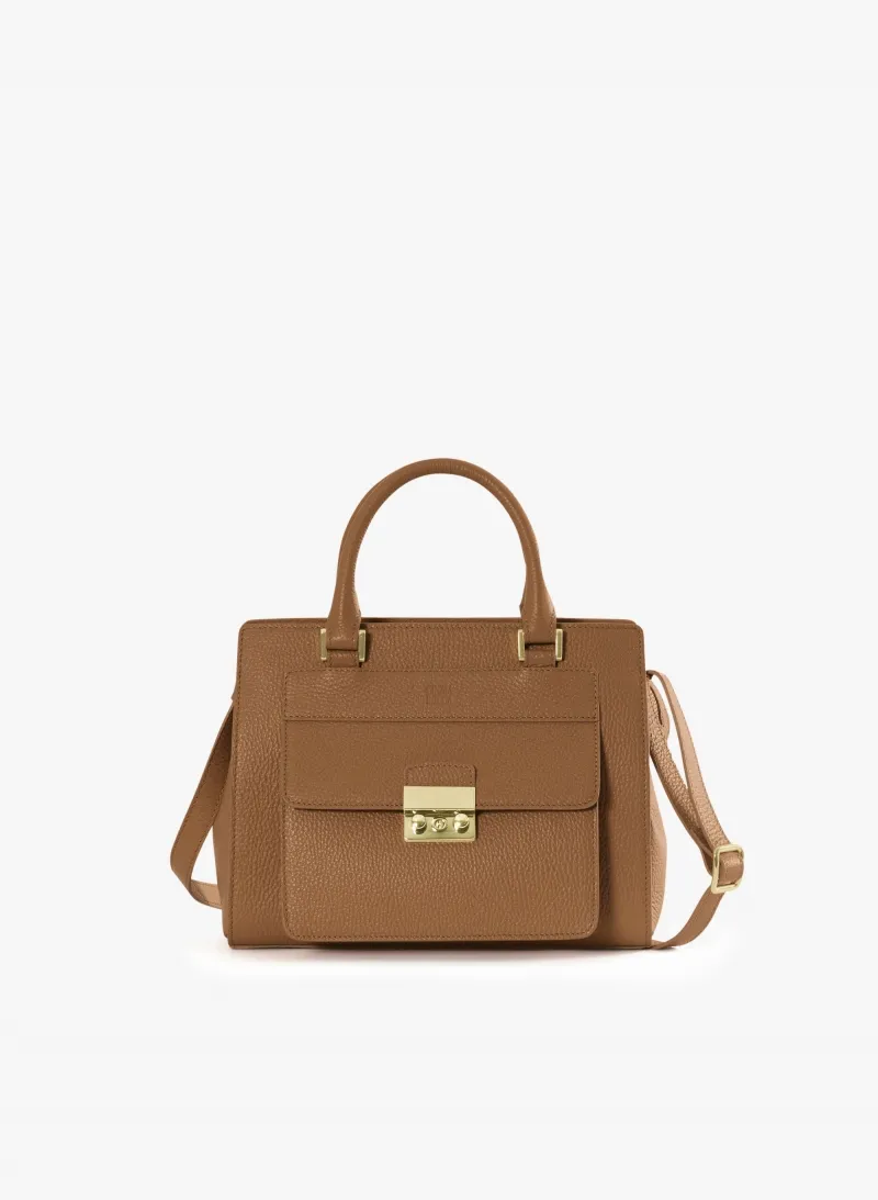 Borsa rigida in pelle color tabacco con chiusura in metallo