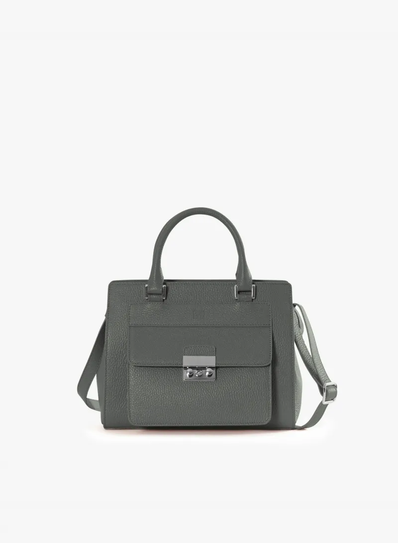 Borsa rigida in pelle grigia con chiusura in metallo