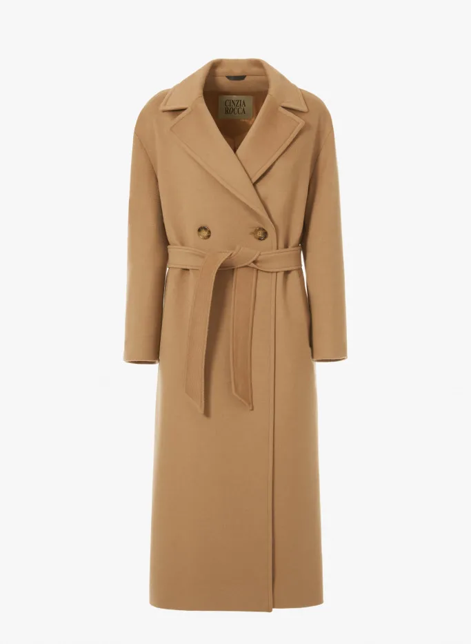 Cappotto cammello doppiopetto con cintura in lana