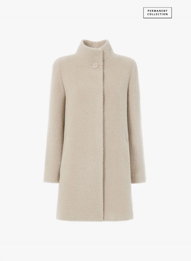 Cappotto corto beige svasato in lana e alpaca con spacchi laterali