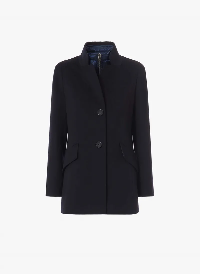 Cappotto corto blu in pura lana con pettorina in nylon staccabile