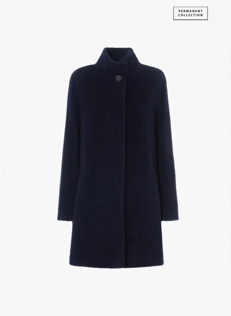 Cappotto corto blu svasato in lana e alpaca con spacchi laterali