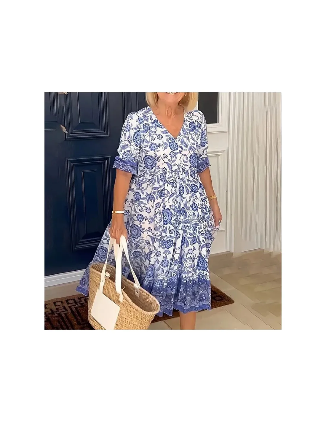 Abito lungo allentato casual Abito estivo da donna manica corta di grandi dimensioni V Abito vintage Moda femminile Elegante abi