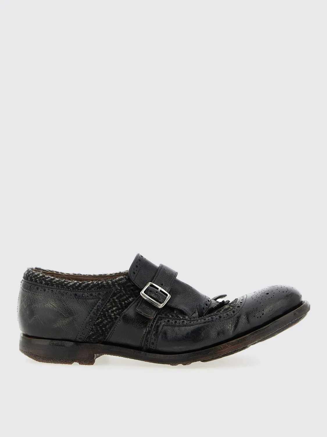 Monk Strap Church's in pelle invecchiata e tweed con motivo brogue