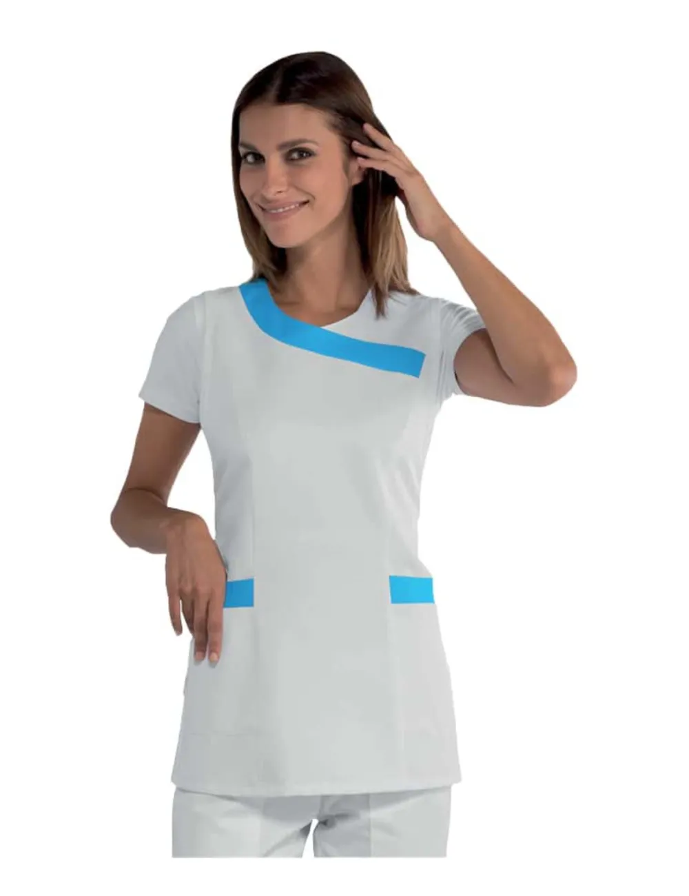 Weiß-blaue Kasacke für Kosmetiker und Friseure.