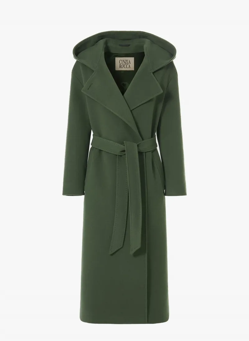 Maxi cappotto verde militare con cintura e cappuccio in lana e cashmere