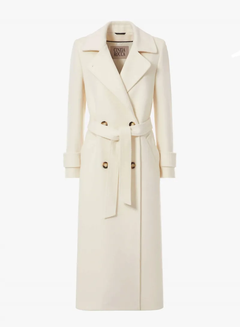 Maxi trench bianco in pura lana con cintura