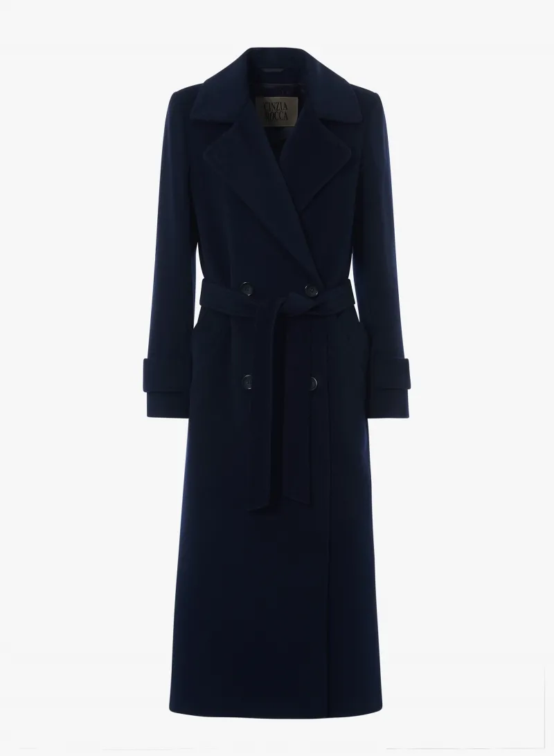 Maxi trench blu in pura lana con cintura