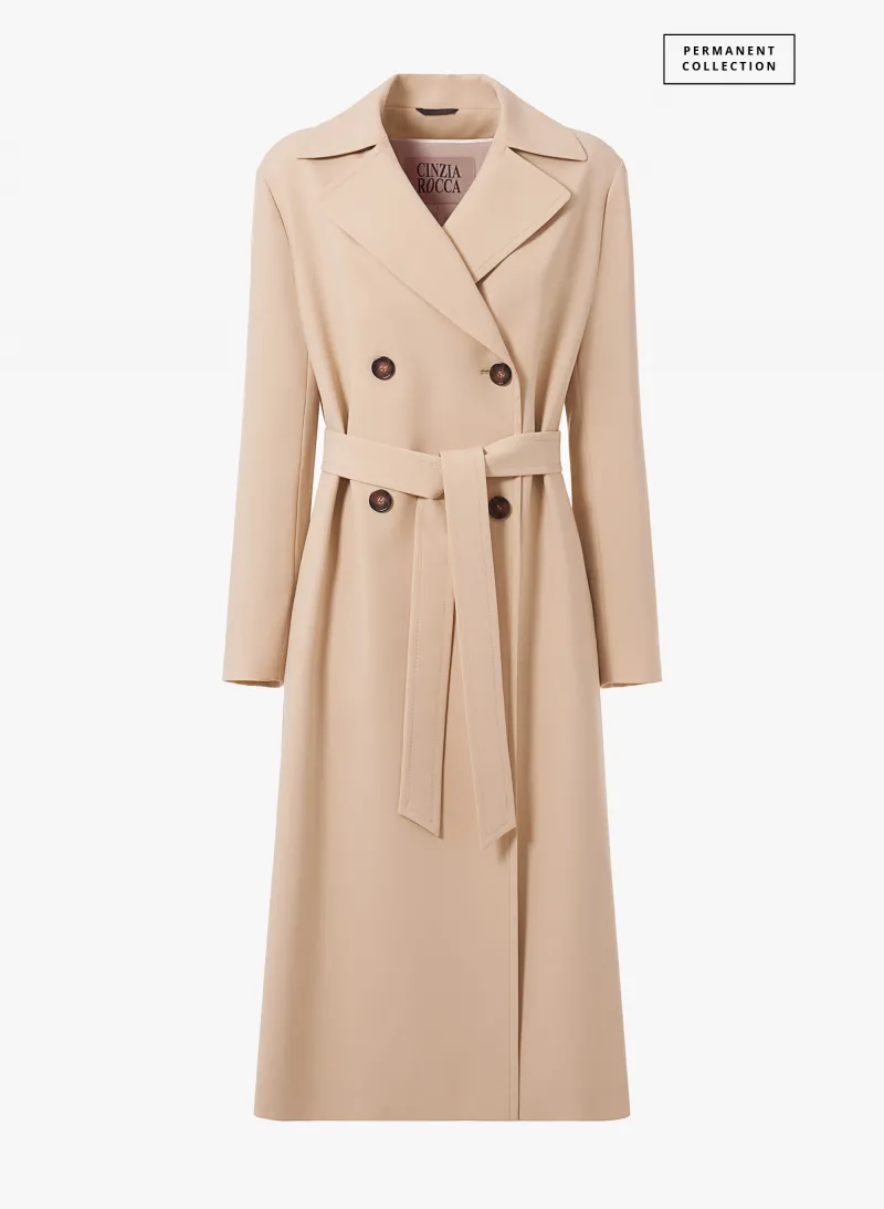 Maxi trench doppio petto beige in tessuto tecnico antigoccia