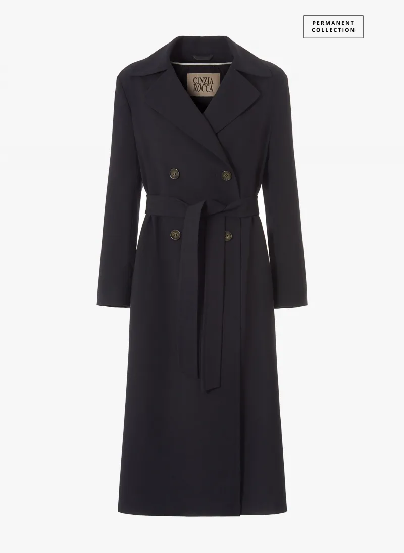 Maxi trench doppio petto blu in tessuto tecnico antigoccia