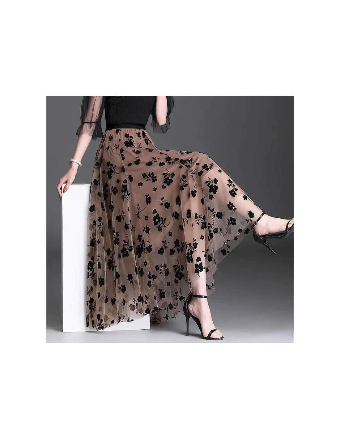 Gonne floreali in rete per donna Primavera Autunno Gonna lunga Garza a vita alta Grace Moda Gonne a sbuffo Tulle ricamato Sci