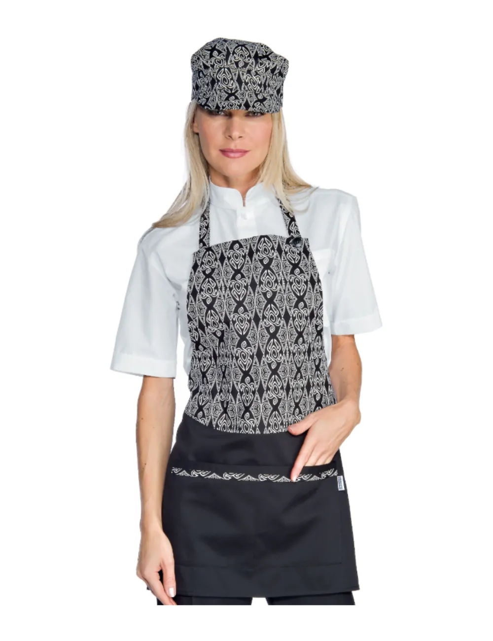 Delantal de mujer estampado negro para el trabajo.