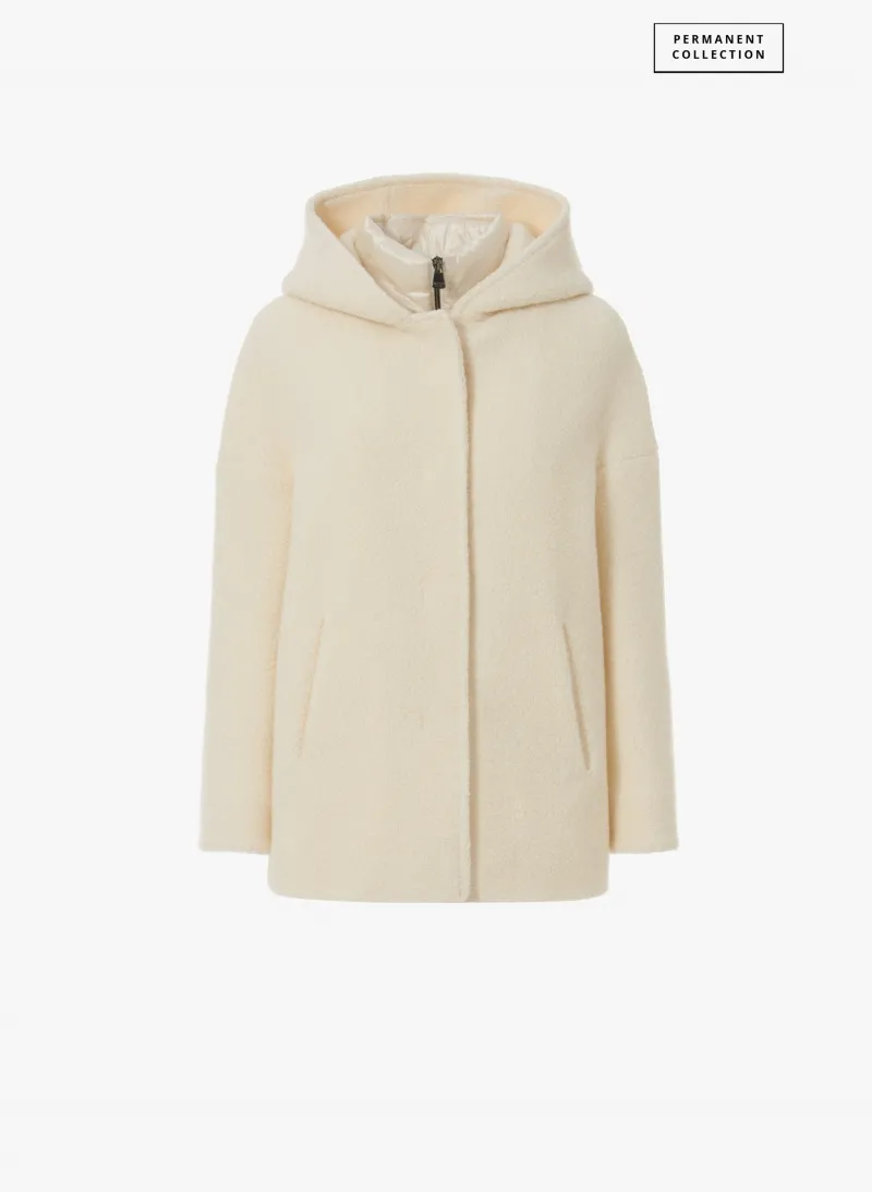 Parka corto bianco in lana con pettorina in nylon staccabile