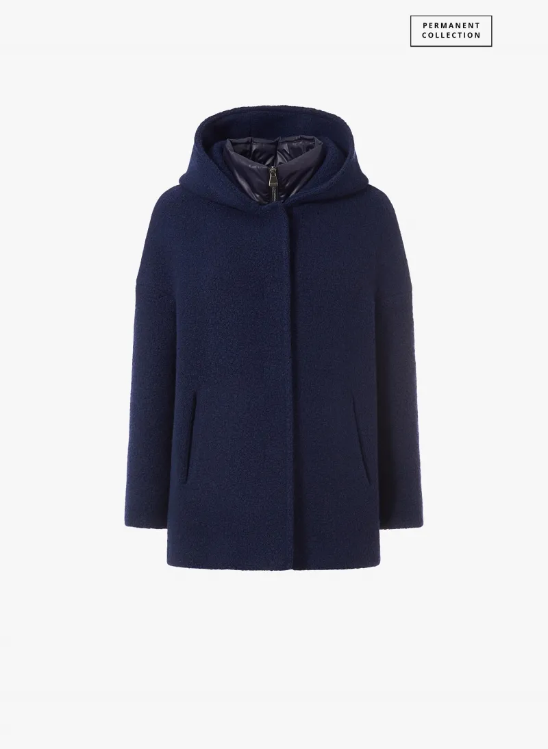 Parka corto blu marino in lana con pettorina in nylon staccabile