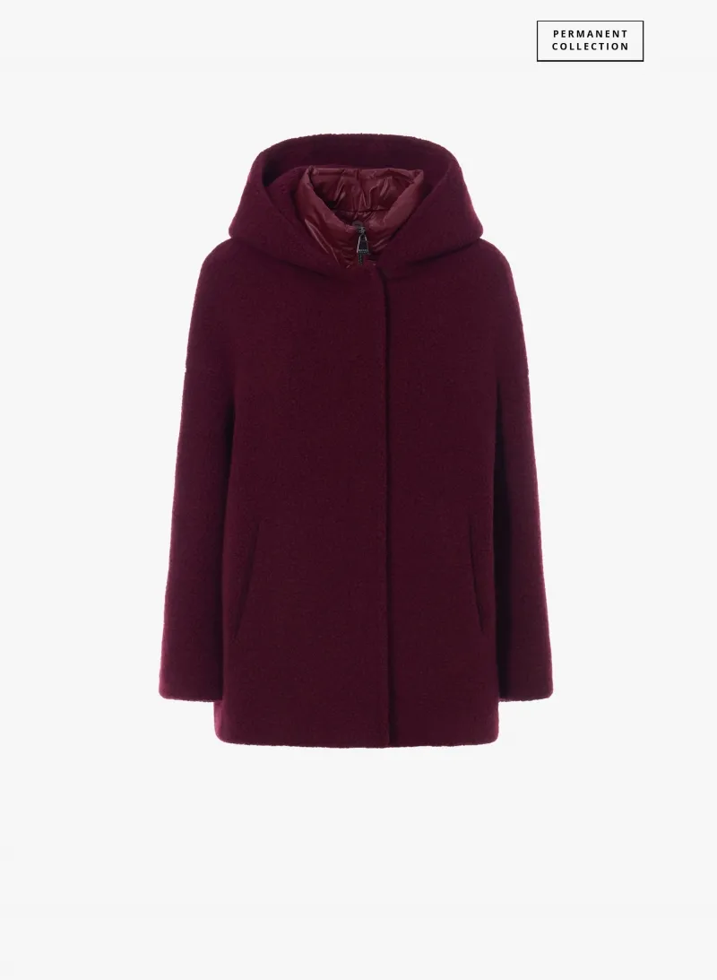 Parka corto bordeaux in lana con pettorina in nylon staccabile