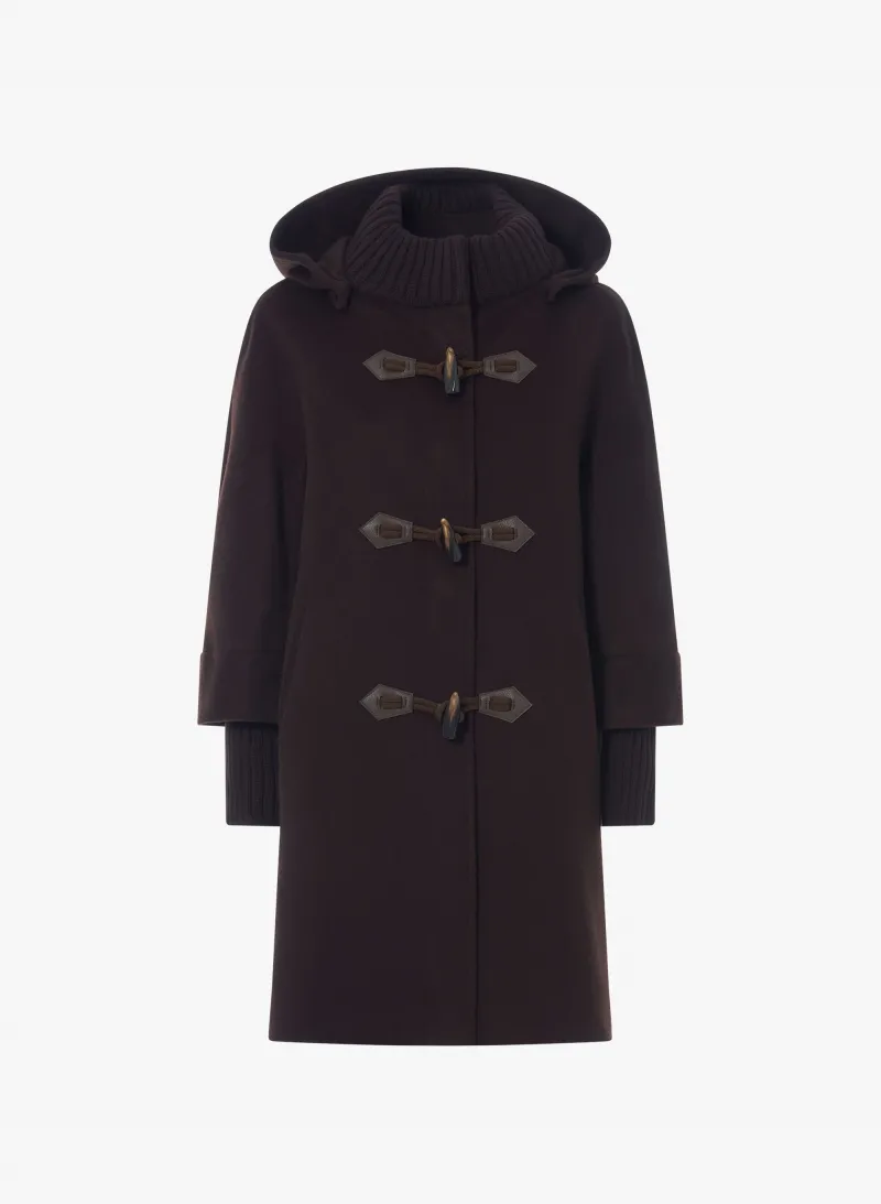 Parka marrone con cappuccio e alamari in pura lana