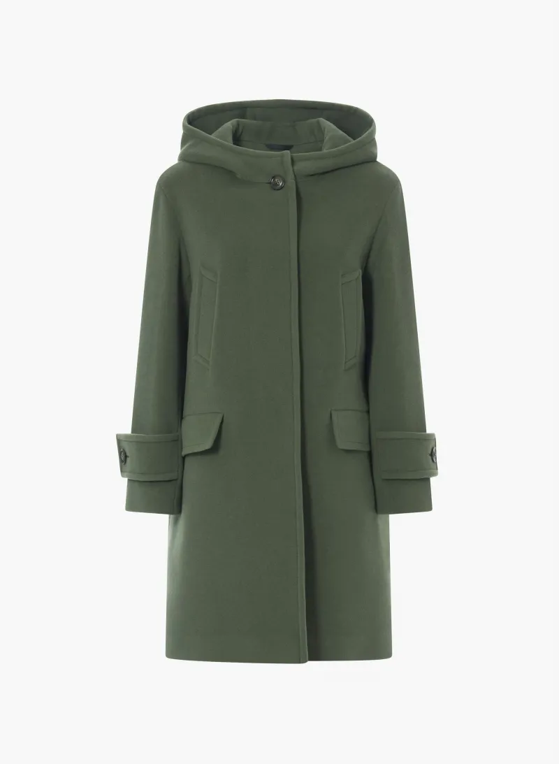Parka verde militare con cappuccio in lana e cashmere e doppie tasche