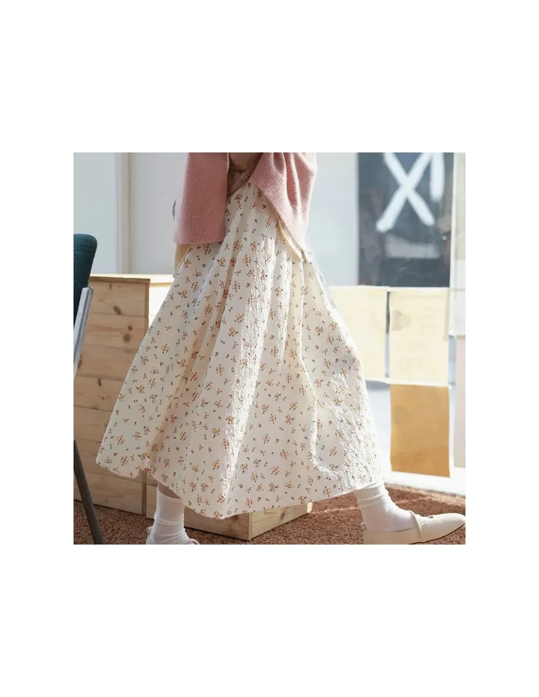 Gonna lunga da donna floreale autunno-primavera Gonna lunga vintage a vita alta con gonna a pieghe