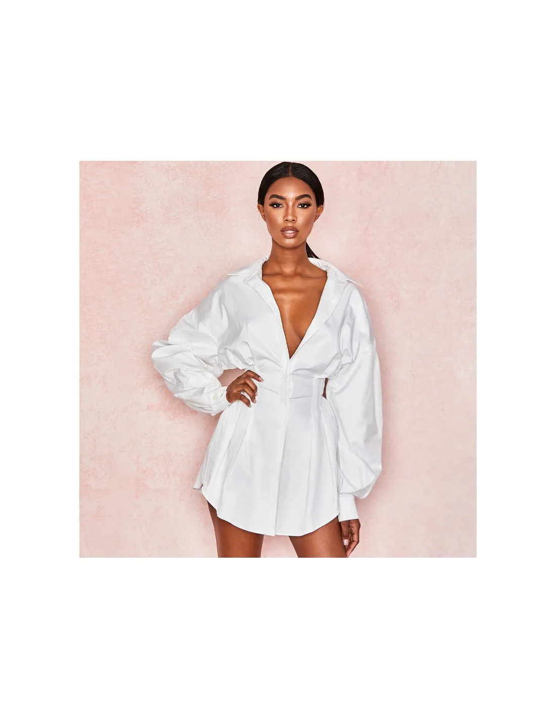 Vestito da camicia a tinta unita da donna primavera Vestito lungo da donna a maniche lunghe con scollo a V e maniche lunghe Vest