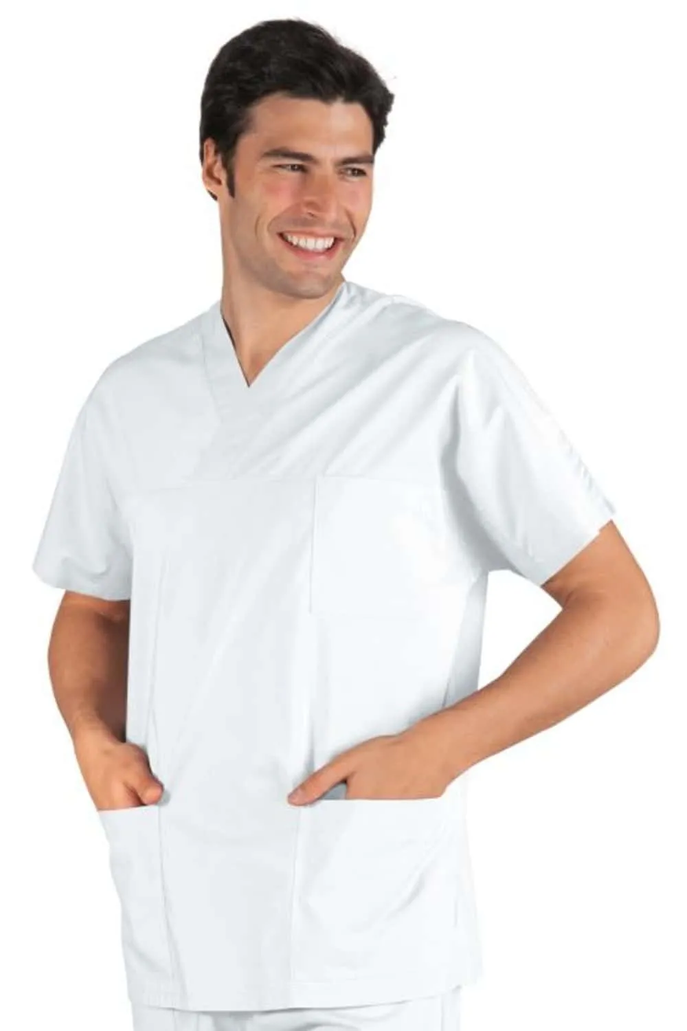 Casaca de médico con escote en V de algodón de 185 gramos.