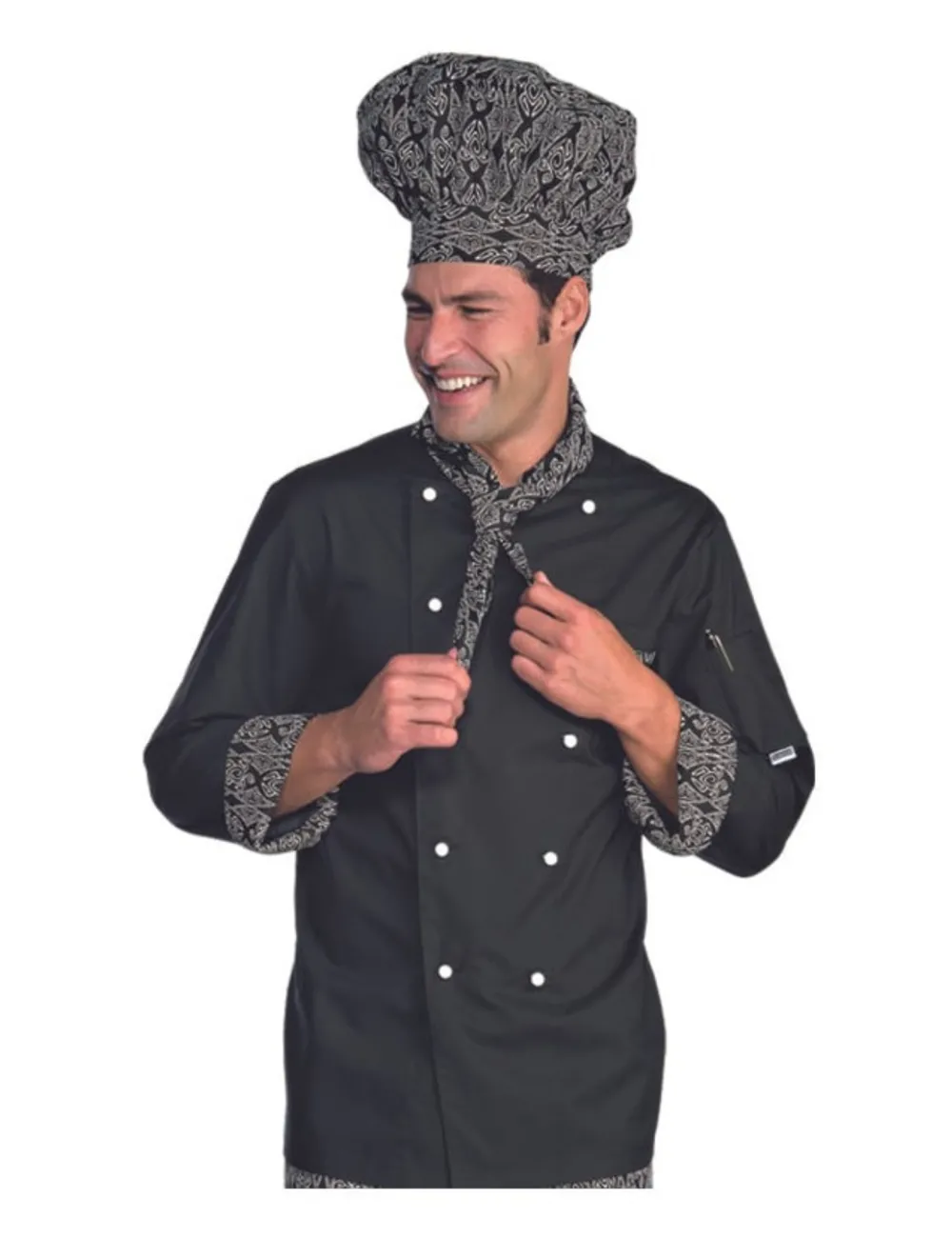 Veste de cuisine noire avec inserts blancs pour le travail