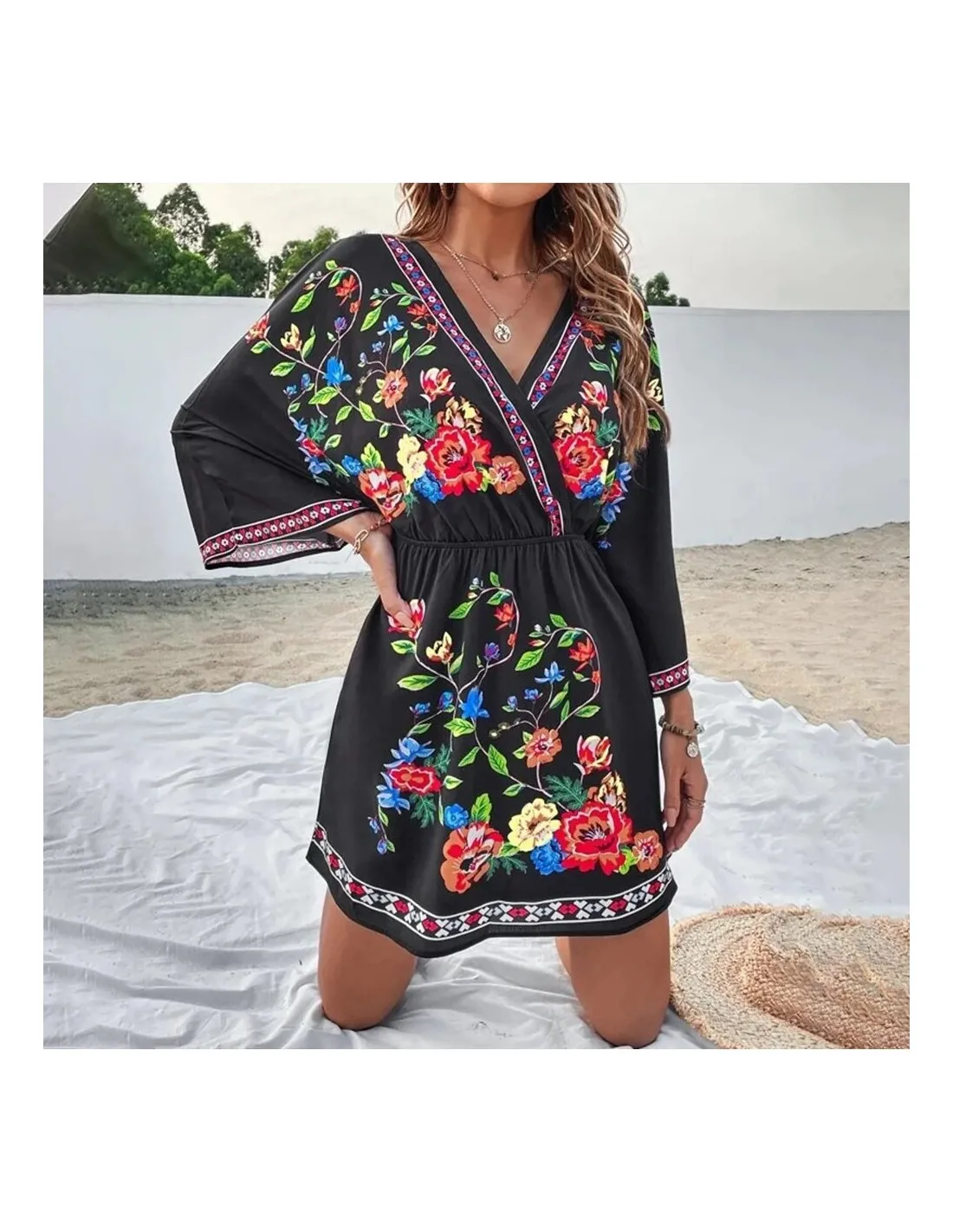 Vestido Beach Abito bohemien per le donne 2024 Primavera Estate Gonna corta floreale Abito da vacanza da donna Vita allentata Fe