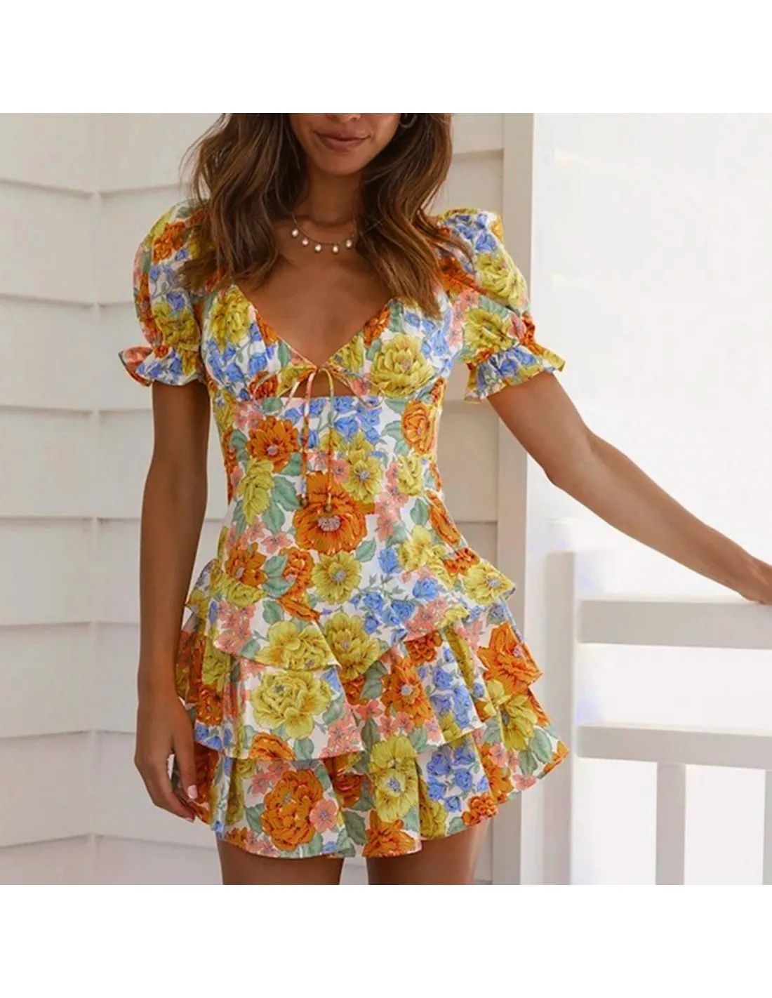 Vintage Cascata Volant Mini Vestito Floreale Per Le Donne 2022 Nuovo Breve Manicotto di Soffio Vestito Estivo Delle Donne Vestit