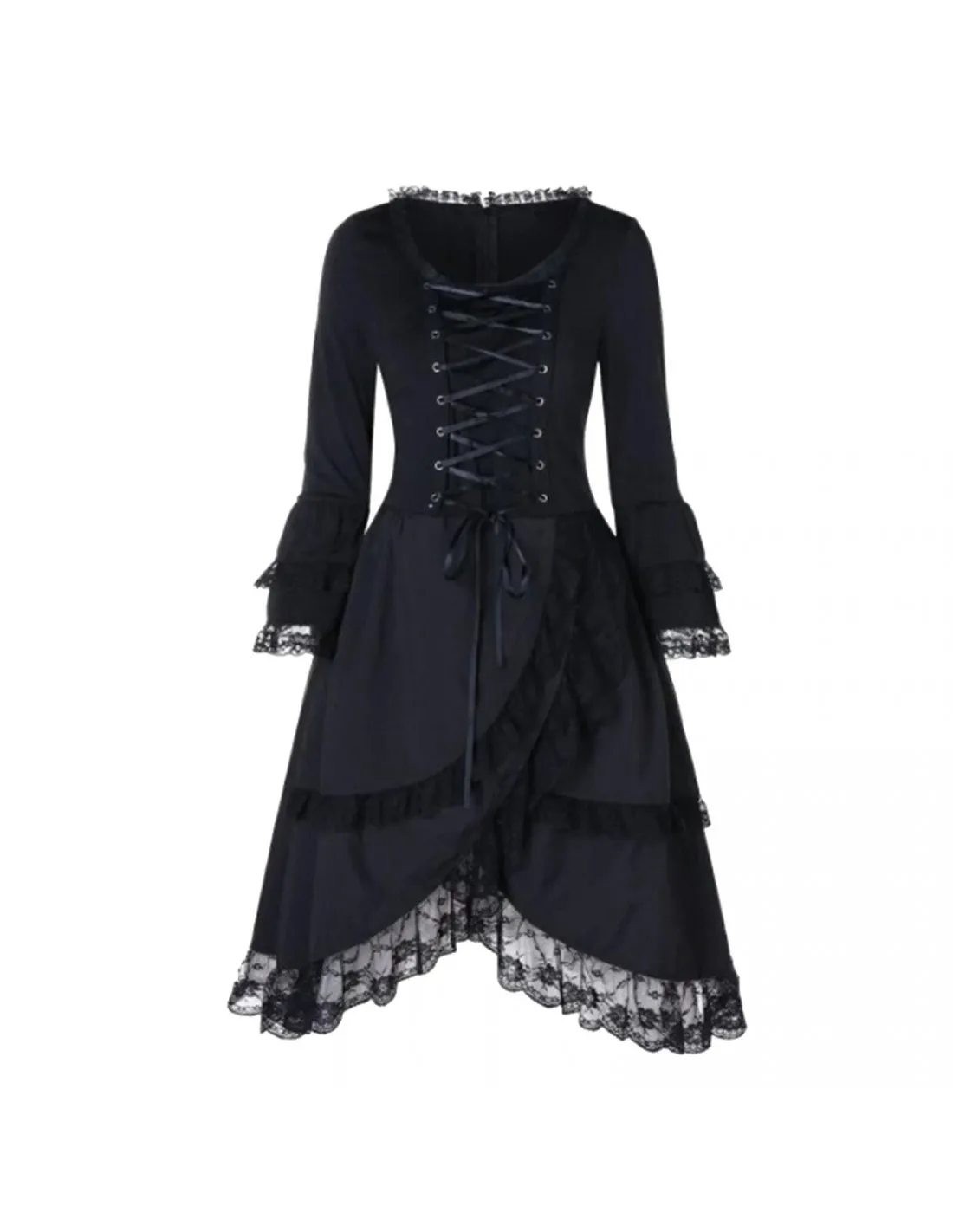 Vintage Lace Up Goth Retro Party Dresses Women Gothic Punk Style Dress Elegant Female Long Flare Sleeve Black Bandage D