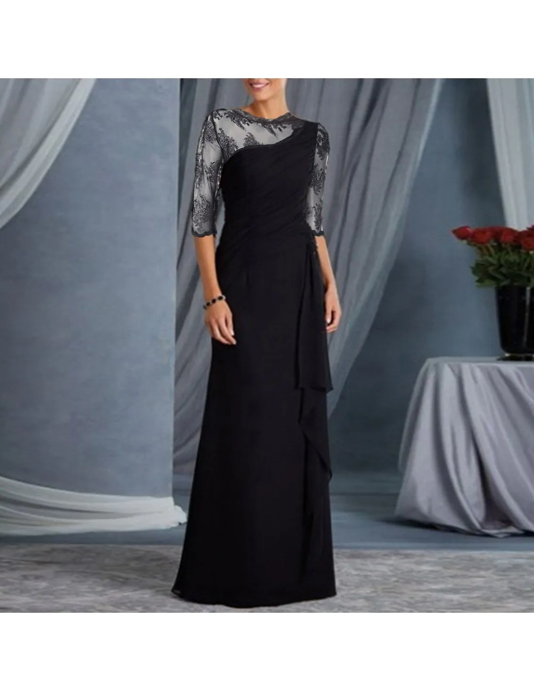 Vintage Long Dress Lace Evening Party Dress For Woman Half Sleeve Splicing O Neck Casual Maxi Dresses Women Prom Outfits