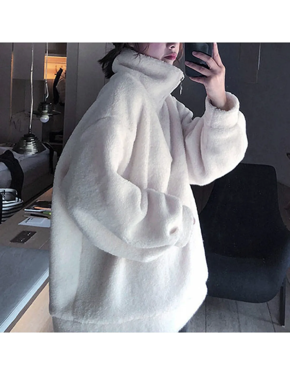 Winter Fall Outwear Casual Fuzzy Warm Stand Collar Fleece Womens Solid Half Zipper Sweatshirts Womens Coat Women Winter