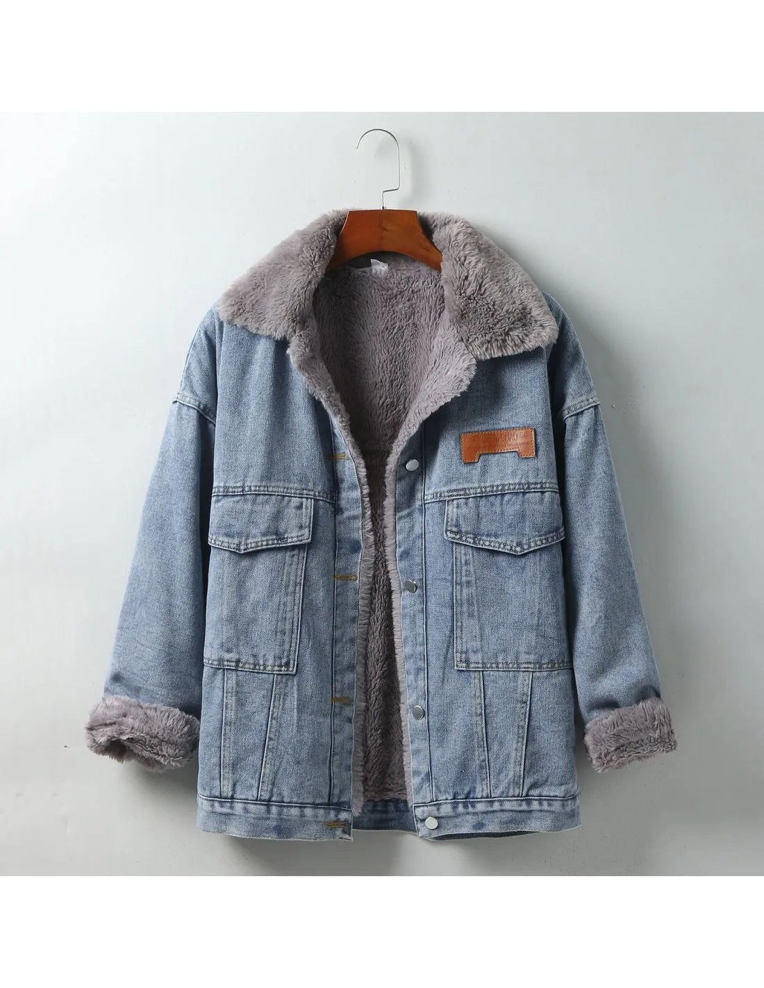 Winter Faux Wool Liner Warm Denim Jackets Women Jean Jakcets Fleece Lapel Collar Long Sleeve Outerwear Denim Women Warm