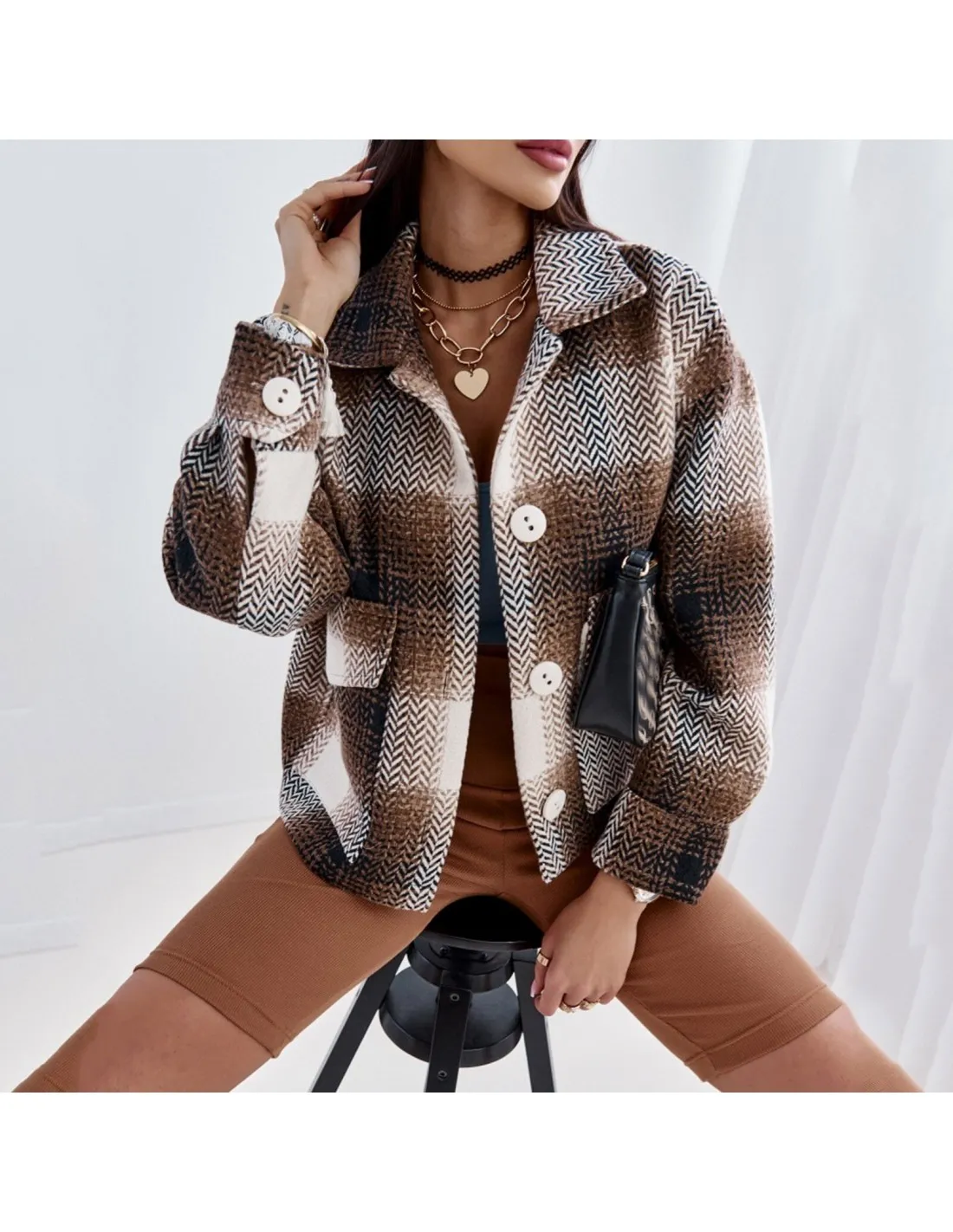 Winter Jacket Women Coat Loose Plaid Thick Coat Fashion Cropped Flannel Wool Blend Plaid Jacket Long Sleeve Button Down