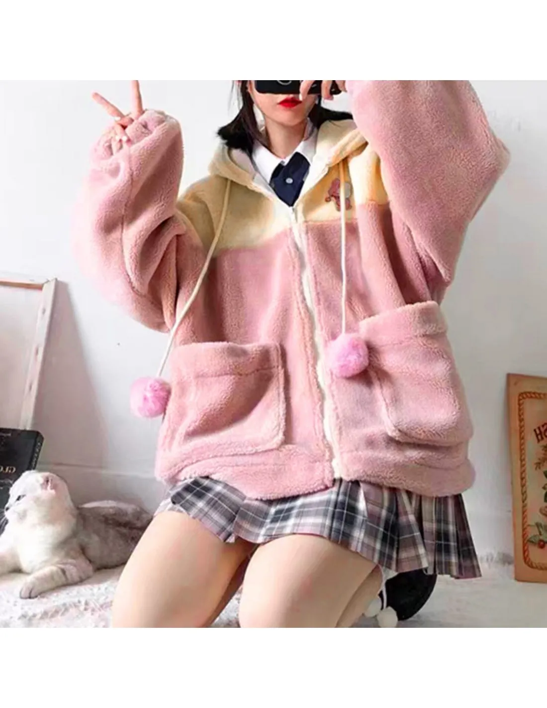 Winter Warm Thickened Overcoat Women Snow Coat Kawaii Fleece Lined Hoodded Zip Up Jackets Jacket Outwear Womens Jackets