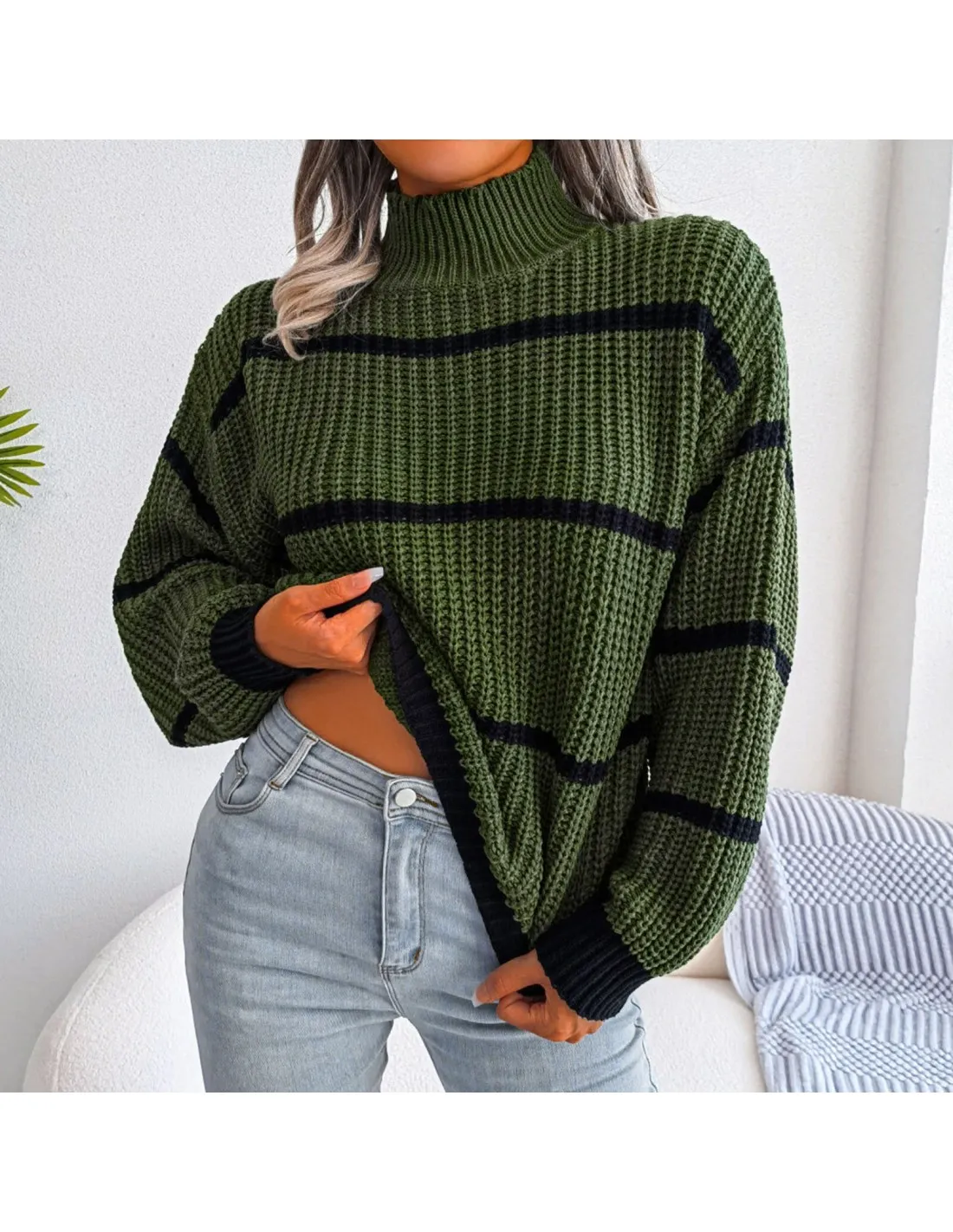 Winter Womens Oversized Long Sleeve Striped Sweater Casual Turtleneck Side Split Tunic Pullover Jumper Knit Turtle Neck