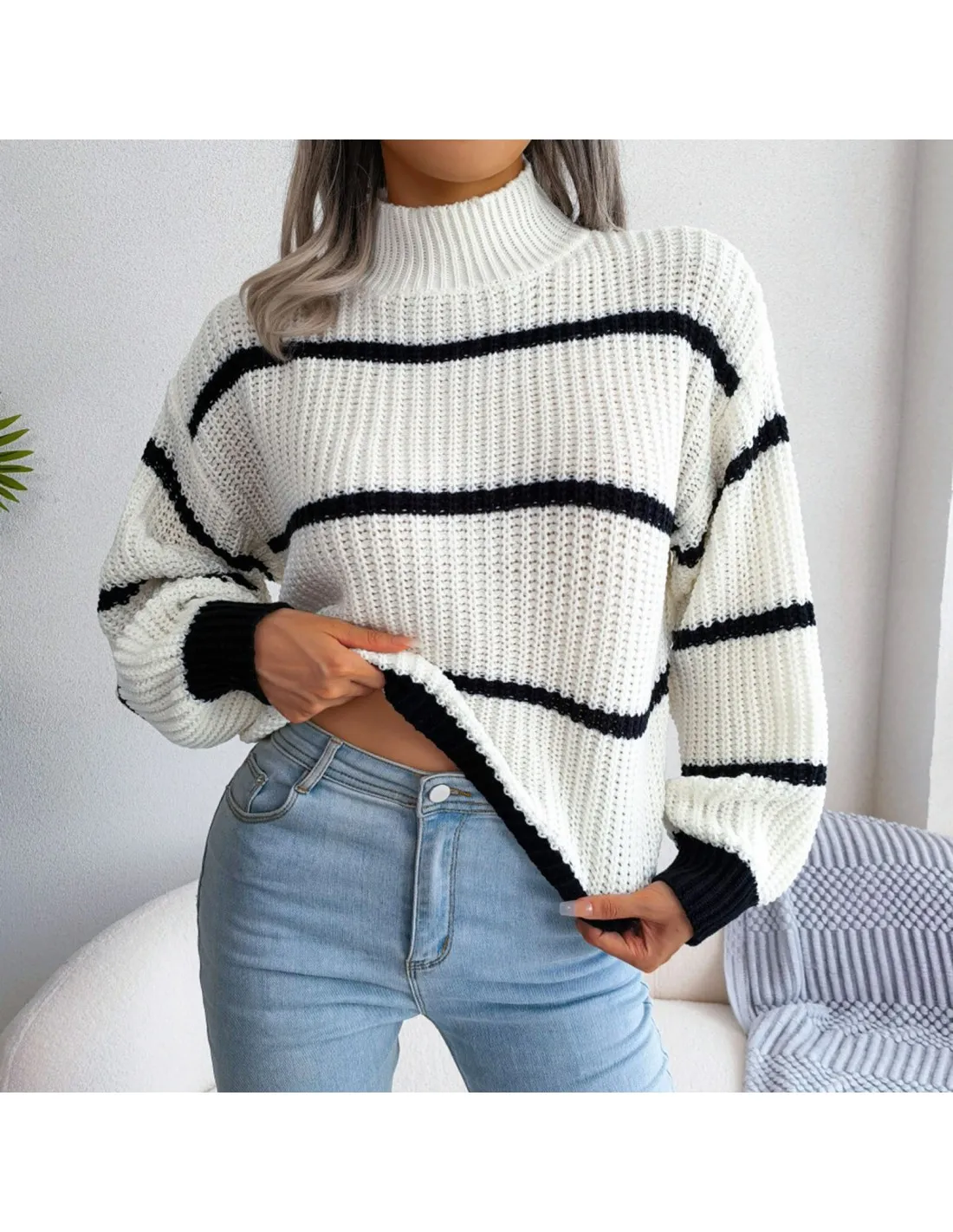 Winter Womens Oversized Long Sleeve Striped Sweater Casual Turtleneck Side Split Tunic Pullovers Turtle Neck Top For Wom