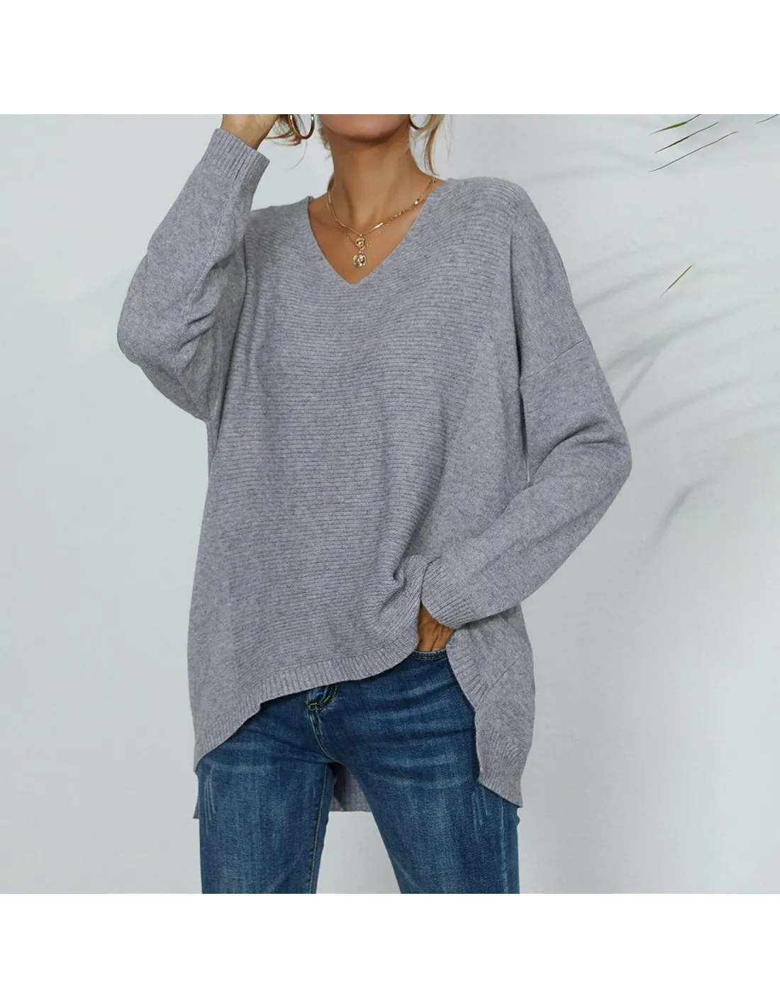 Women Autumn And Winter Sweater Pullovers Casual Loose Solid Color Knitted Tops V Neck Irregular Hem Pullover Knitted Sw
