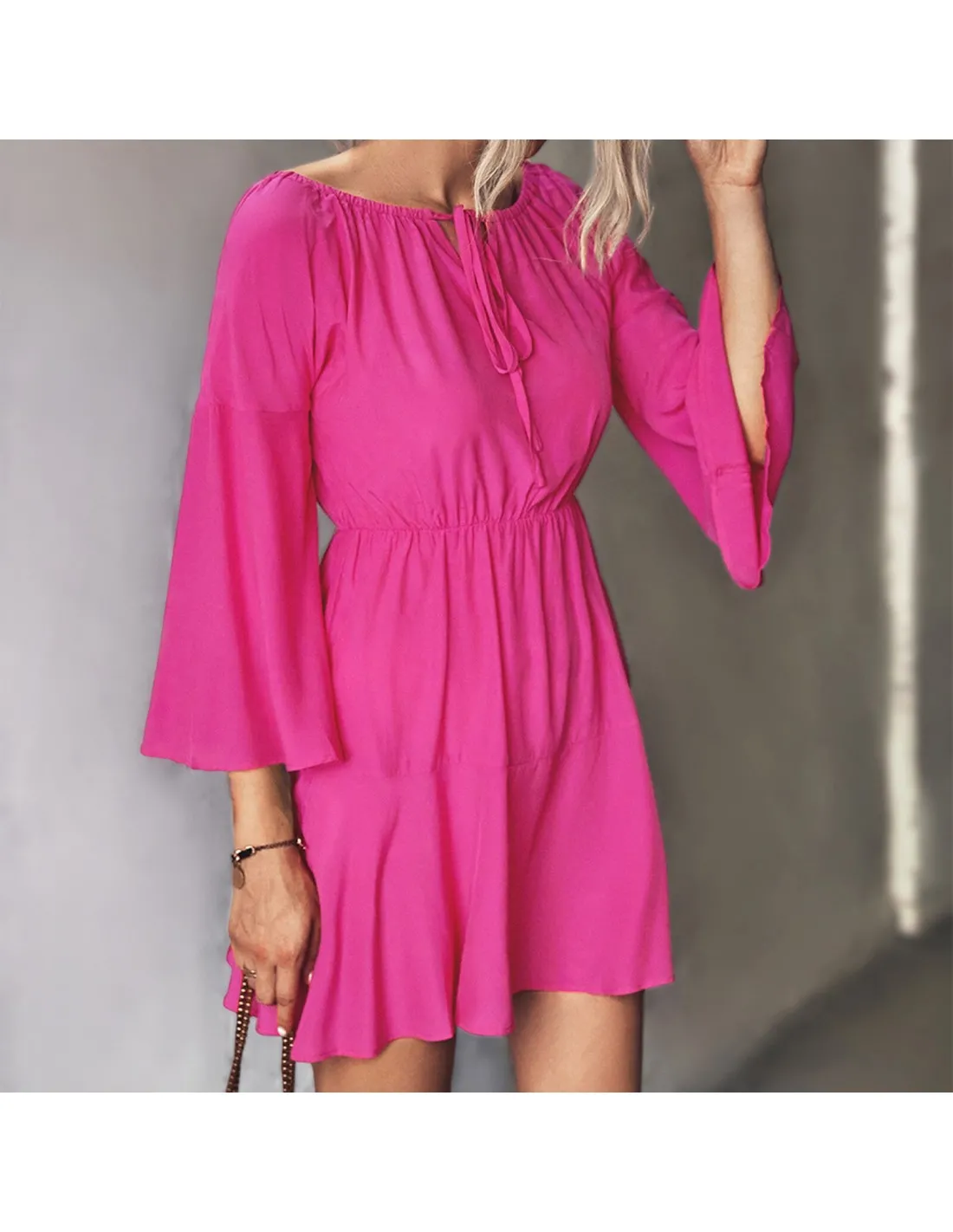 Women Casual Solid Color Beach Sundress Spring Summer Long Sleeve Mini Dress Tie Up Round Collar Short Dress Ladies Vest