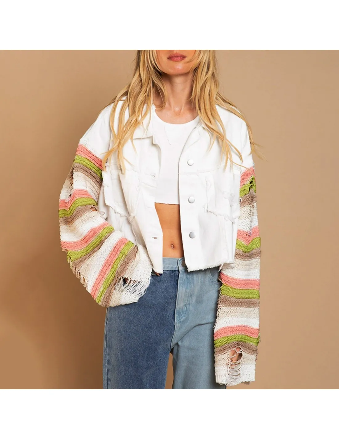 Women Casual Solid Denim Jackets Turndown Collar Splice Rainbow Hollow Out Long Sleeve Jacket Loose Button Blouse Top St