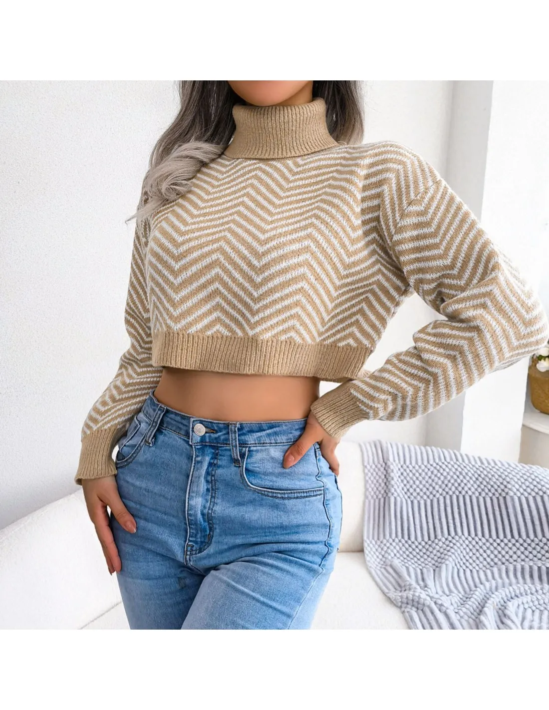 Women Casual Turtleneck Sweater Pullovers Autumn Winter Warm Long Sleeve Pullover Knitwear Crop Tops Striped Knit Women