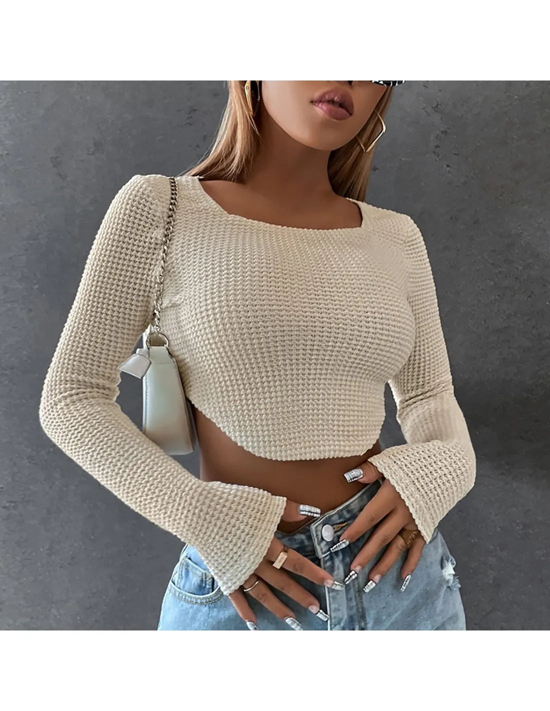 Women Crop Tops Autumn Winter Long Sleeve Cutout Wrap Tops Solid Color Knitwear Tops Womens Long Sleeve Knitted Pullover