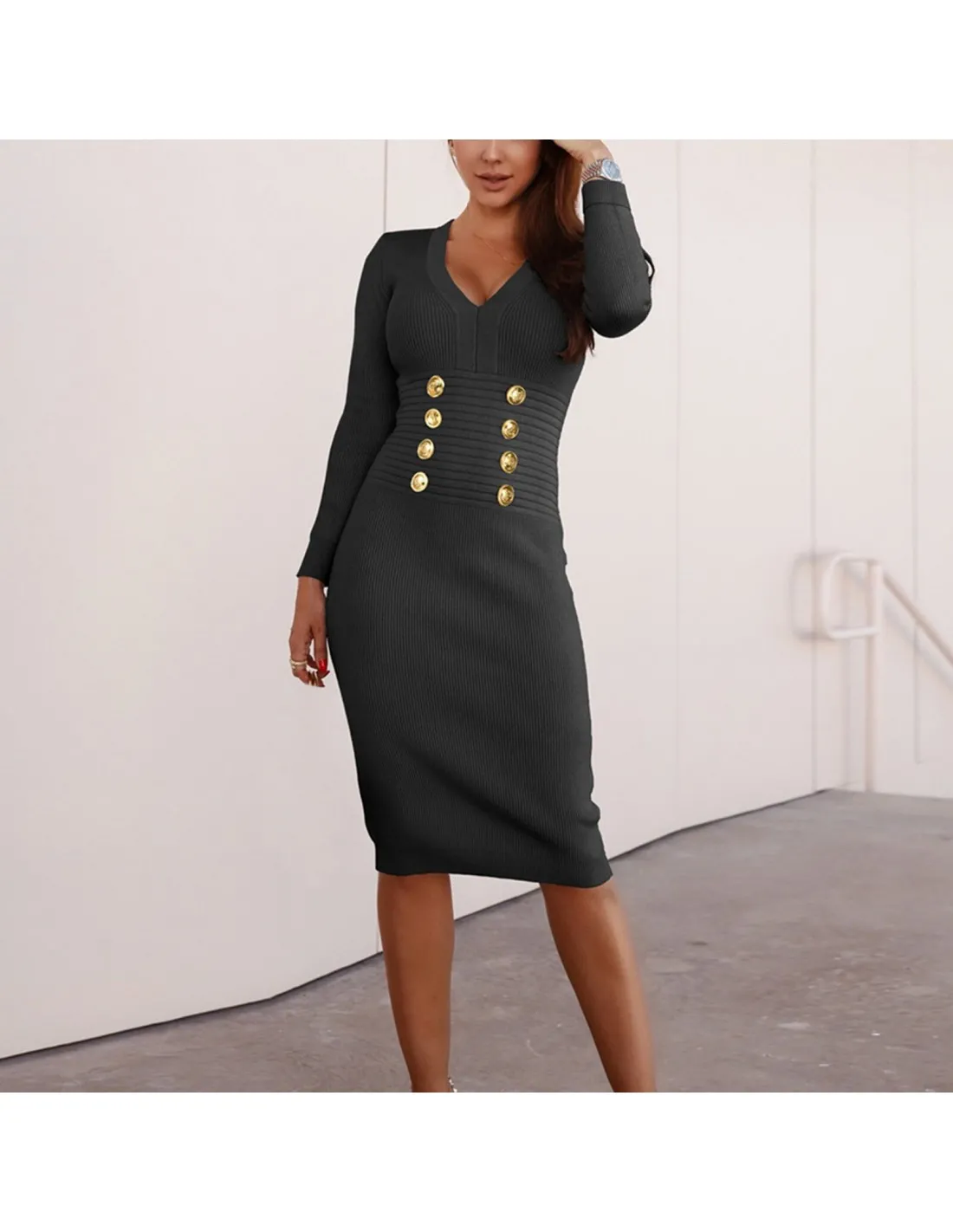Women Dresses 2022 Autumn Winter New Slim Fit Elegant Midi Knitted Dress V Neck Long Sleeve Dresses Office Lady Vestido