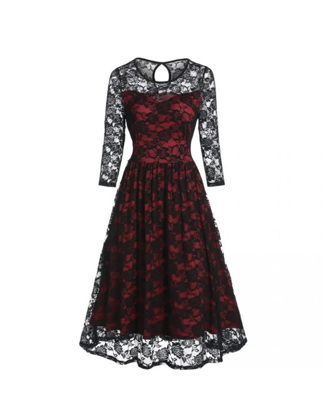 Women Elegant Draped Hollow Out Midi Dress Vintage Lace Patchwork Party Dress Gothic Retro Slim Fit Long Dresses Gowns J
