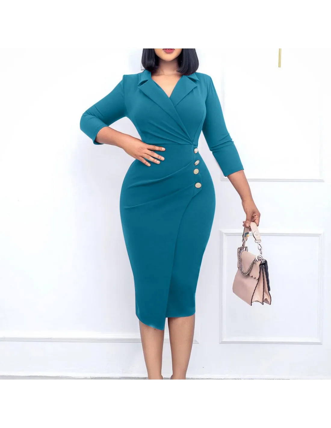 Women Elegant Dresses Bodycon Button Long Dress Solid Color Office Lady Dresses Slim Full Sleeve Retro Female Clothing V