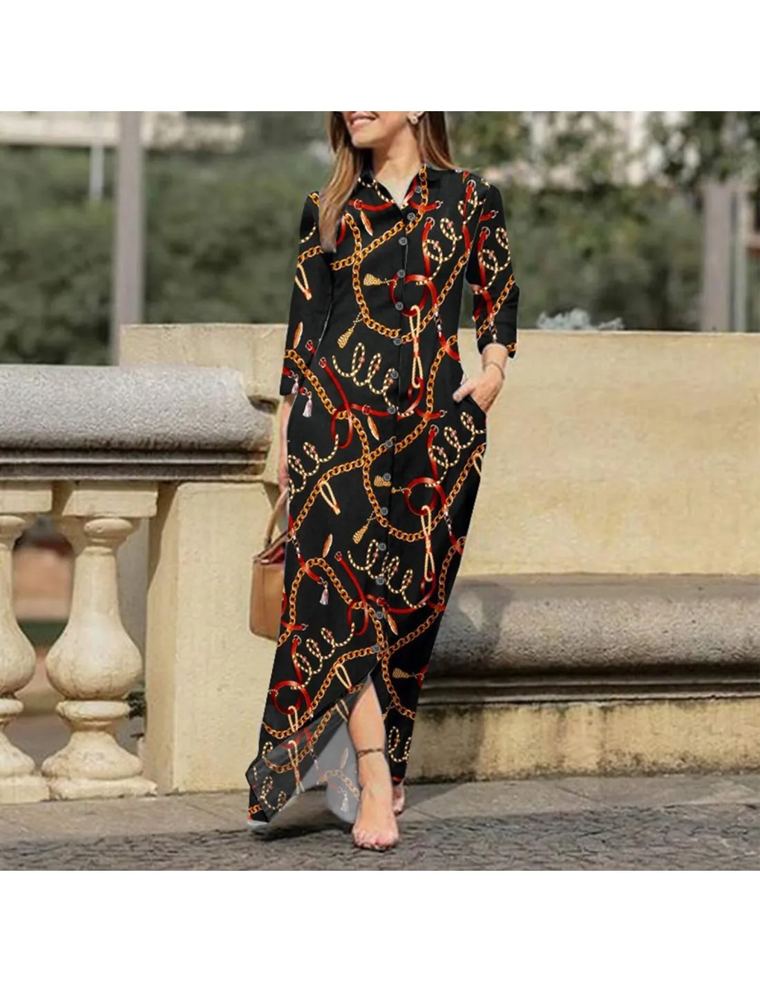 Vestito da donna elegante camicia con bavero colletto lungo vestito da partito 2022 primavera autunno manica lunga dritto maxi v