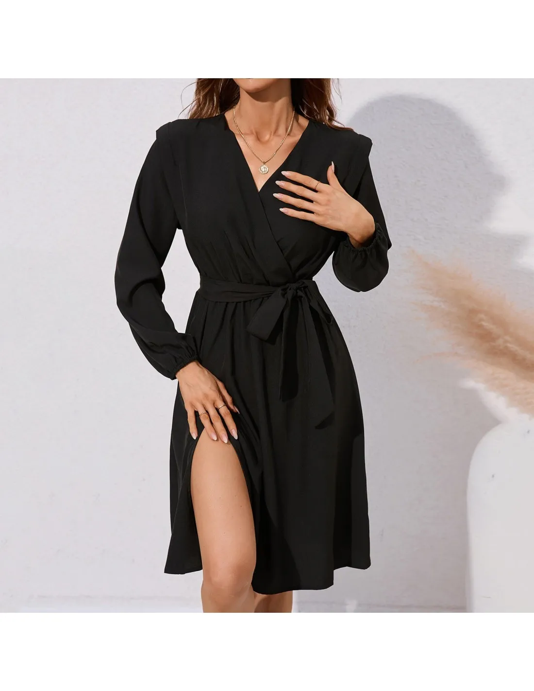 Women Fall Long Sleeve Cross V Neck Dress Solid Color Mini Swing Split Dress Party Wedding Dress With Belt Floral Dresse